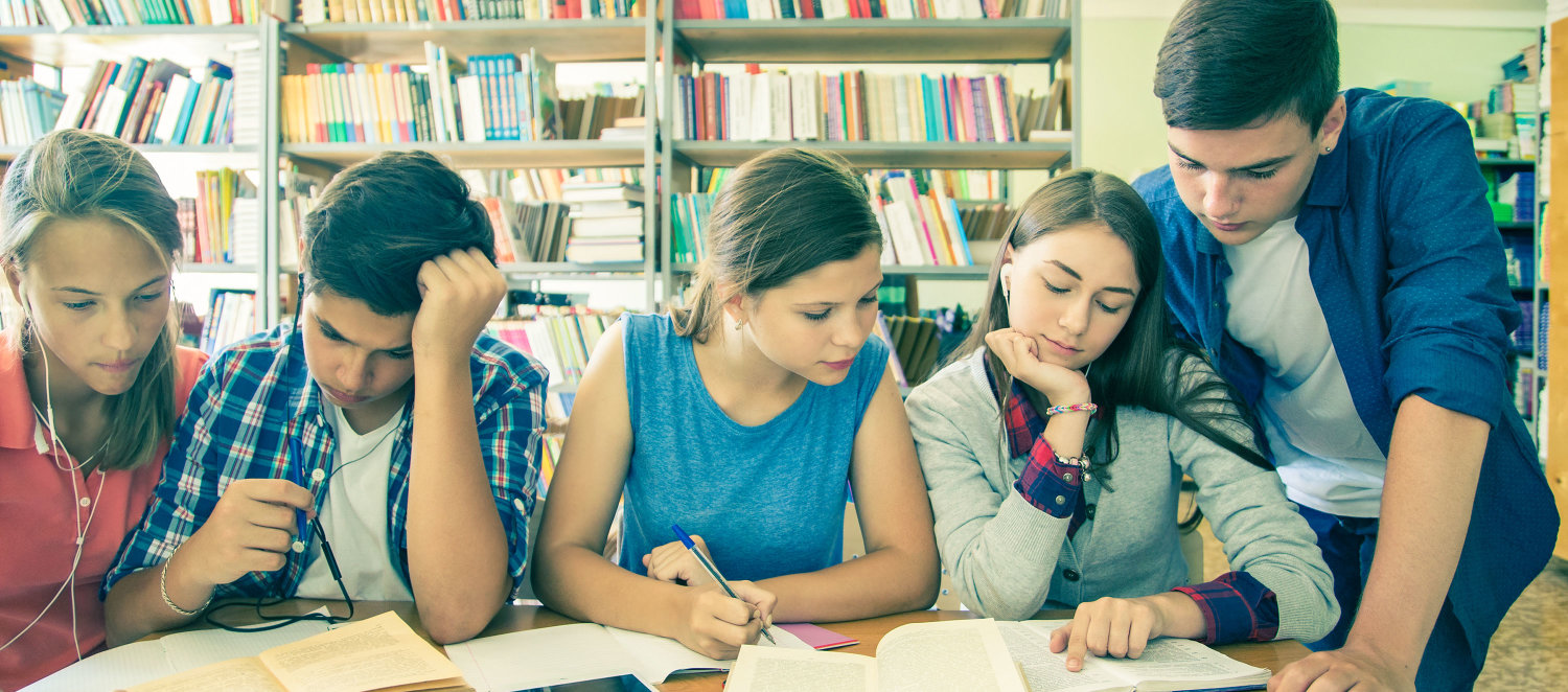 Junge Menschen sitzen nebeneinander am Tisch in der Bibliothek und studieren Bücher.